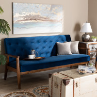 Baxton Studio BBT8013-Navy Velvet/Walnut-SF Sorrento Mid-century Modern Navy Blue Velvet Fabric Upholstered Walnut Finished Wooden 3-seater Sofa